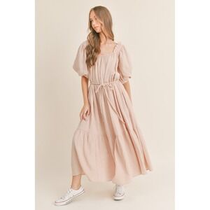 MABLE Dusty Mauve Cotton Gauze Midi Tiered Belted Dress with‎ Pockets